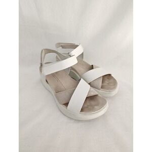 Ecco Flower Nubuck Cork Heeled Wedge Sandal Ankle Strap White Leather EU 36
